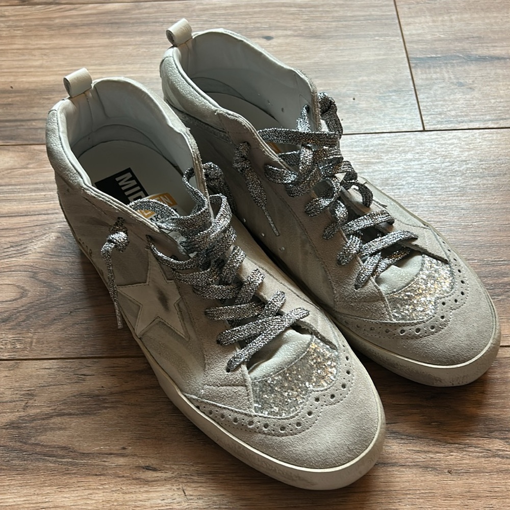 Golden Goose Gray Mid Star Shoes with Silver Glitter Laces
